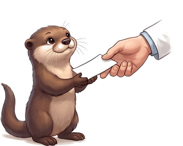 Otter handing prescription to pharmacist