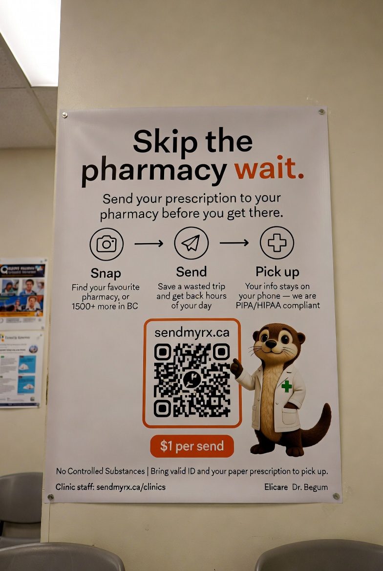 SendMyRx clinic poster mounted in a waiting room at a participating BC clinic