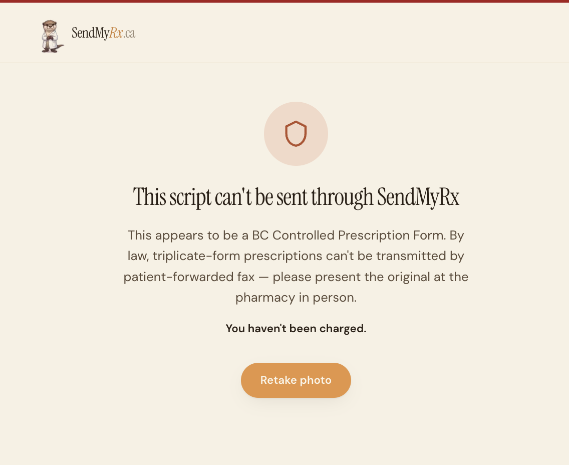 SendMyRx blocking the send: 'This script can't be sent through SendMyRx'