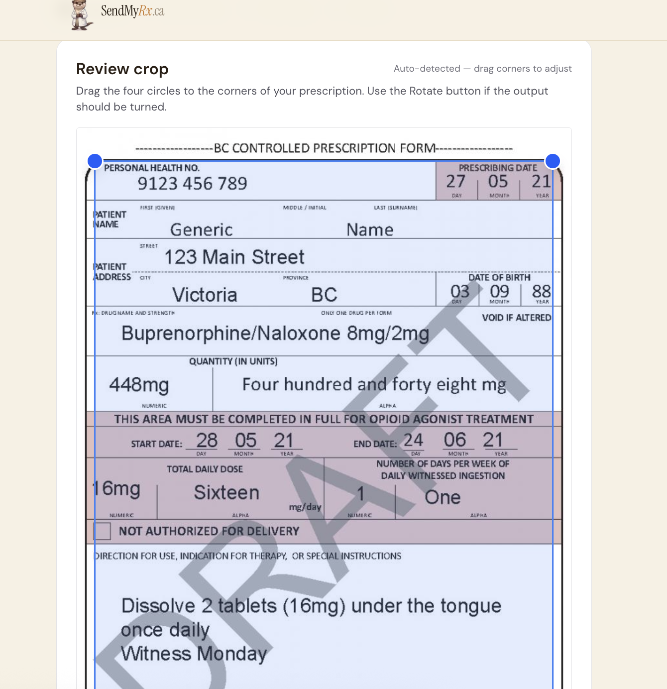 SendMyRx capture step showing a BC Controlled Prescription Form being analyzed